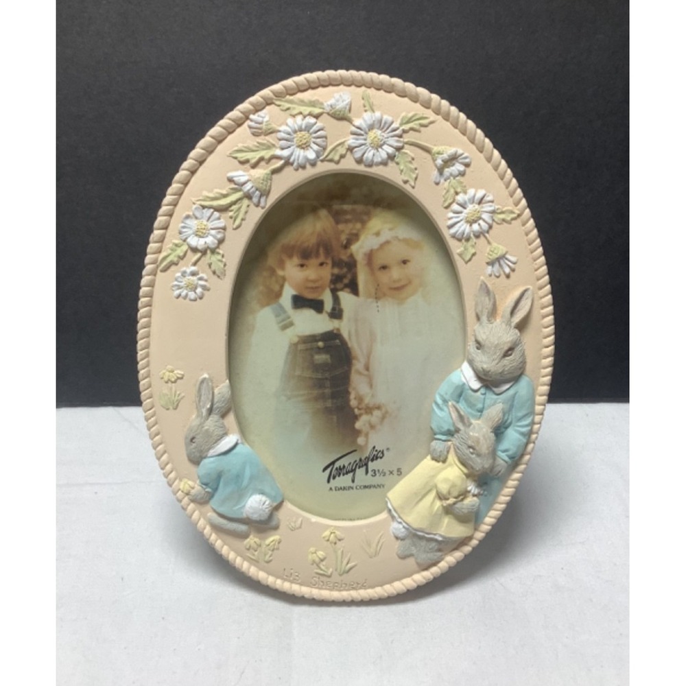 Vtg 1990 Terragraphics Frame Easter Handpainted Rabbits and Flowers 3.5"x5"